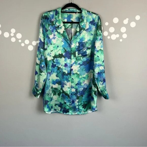 Soft Surroundings Palais Silk Floral Button-Up Top Size L Watercolor Print - Picture 1 of 8